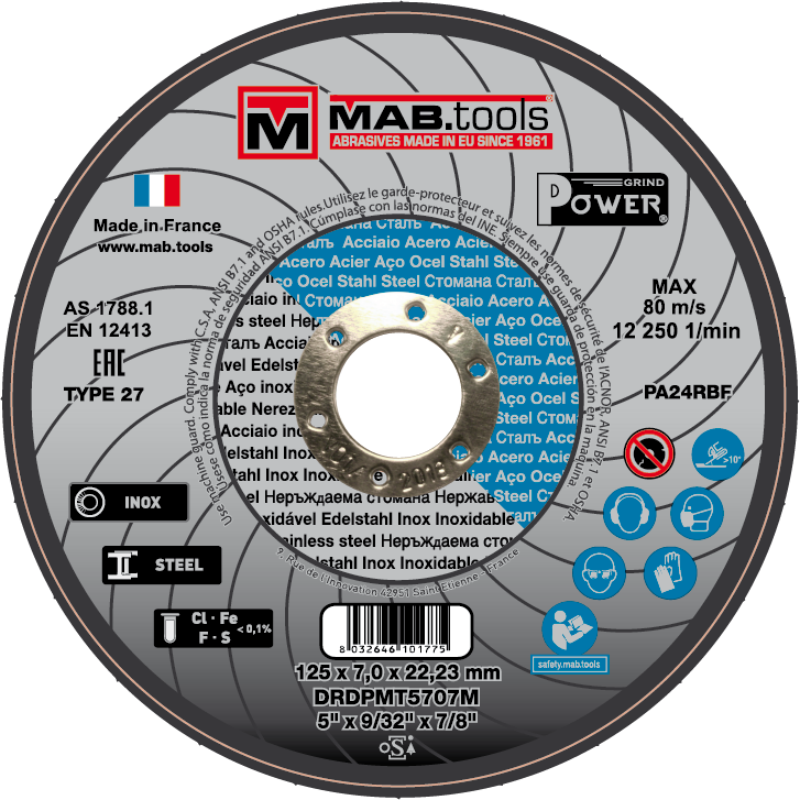 Disques à découper - LOT - 125 x 1 x 22,2 mm - Acier inoxydable - Lot de 5 - Épaisseur 1 mm